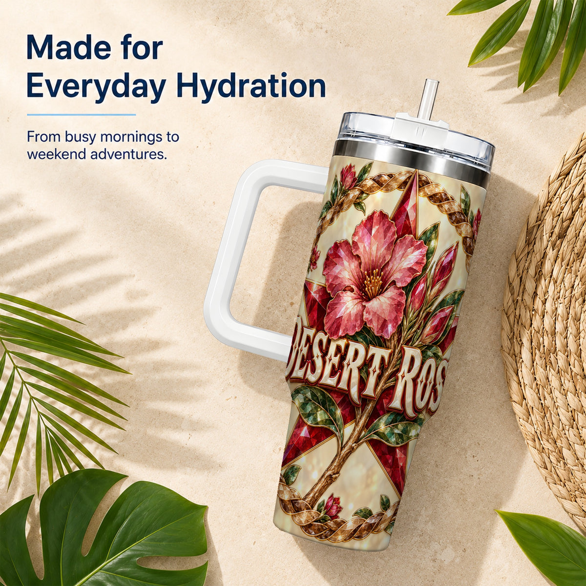 #pl[40oz|White] Western Floral Star 40oz Tumbler with Handle, Rose Stainless Steel Cup