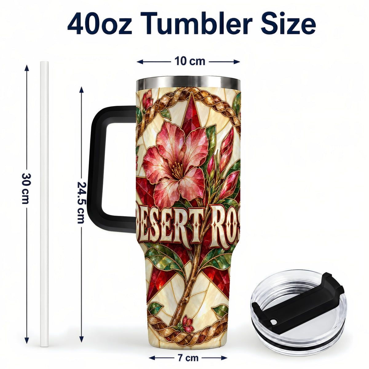 #pl[40oz|Black] Western Floral Star 40oz Tumbler with Handle, Rose Stainless Steel Cup