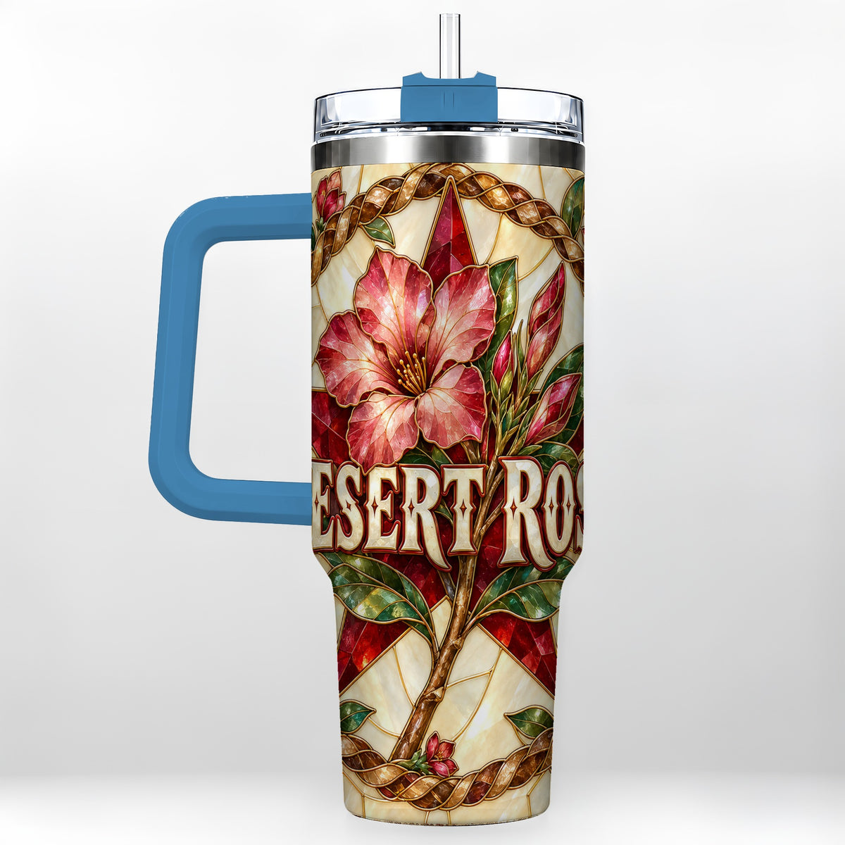 #pl[40oz|Blue] Western Floral Star 40oz Tumbler with Handle, Rose Stainless Steel Cup