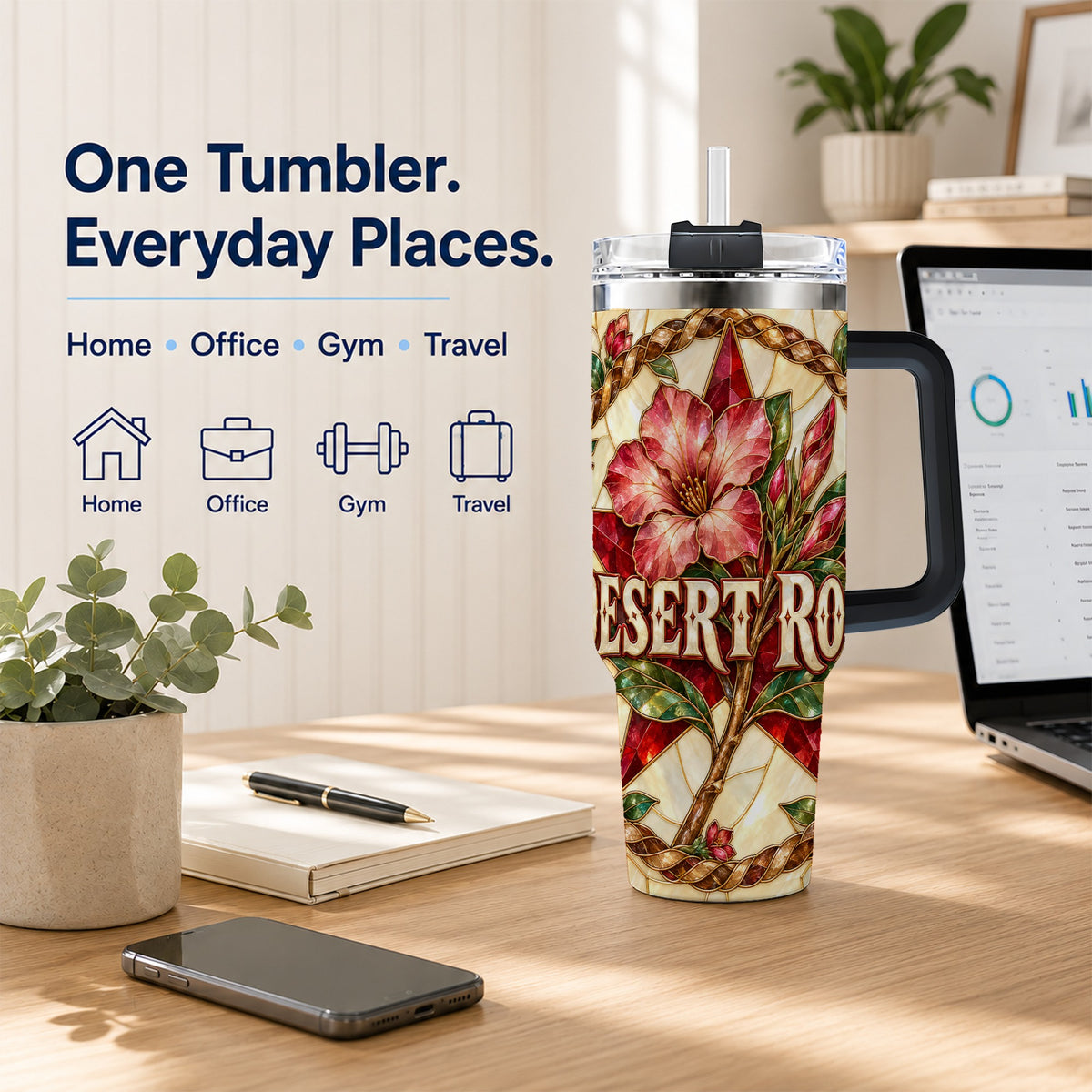 #pl[40oz|Black] Western Floral Star 40oz Tumbler with Handle, Rose Stainless Steel Cup