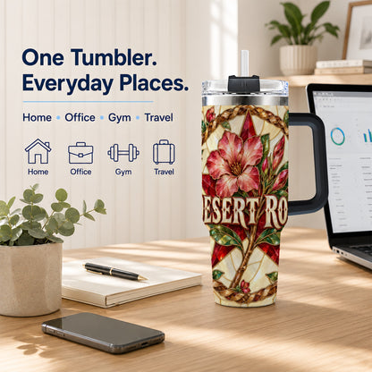 #pl[40oz|Black] Western Floral Star 40oz Tumbler with Handle, Rose Stainless Steel Cup