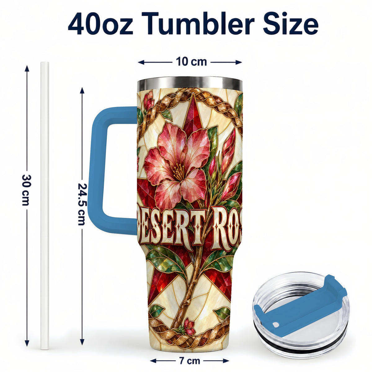 #pl[40oz|Blue] Western Floral Star 40oz Tumbler with Handle, Rose Stainless Steel Cup