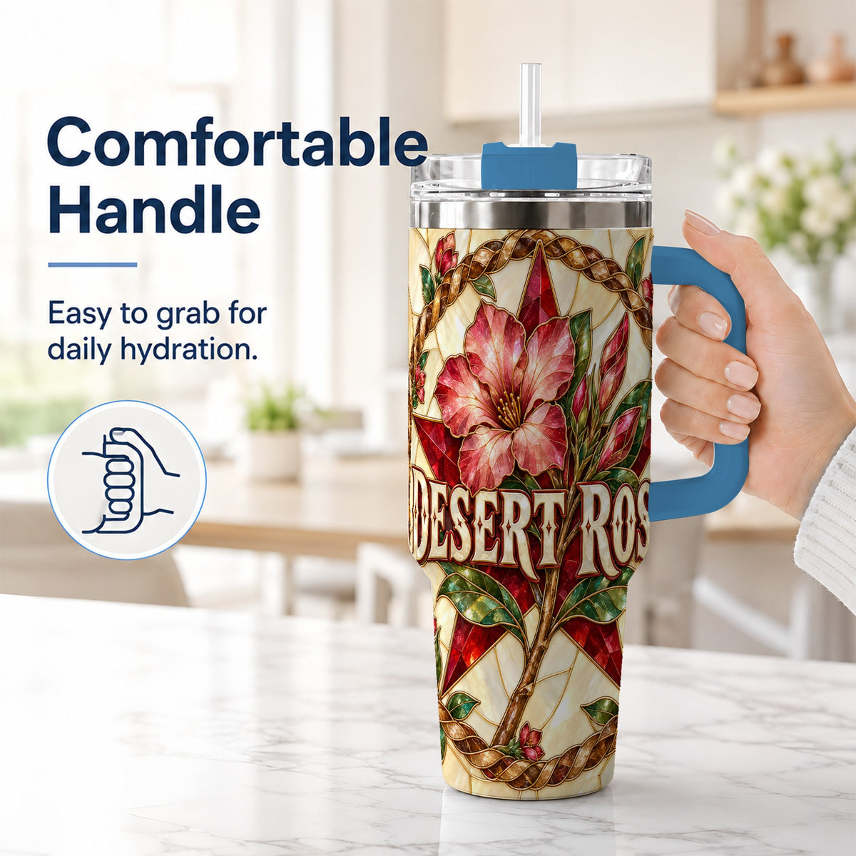 #pl[40oz|Blue] Western Floral Star 40oz Tumbler with Handle, Rose Stainless Steel Cup