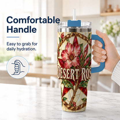 #pl[40oz|Blue] Western Floral Star 40oz Tumbler with Handle, Rose Stainless Steel Cup