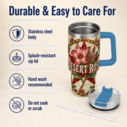 #pl[40oz|Blue] Western Floral Star 40oz Tumbler with Handle, Rose Stainless Steel Cup