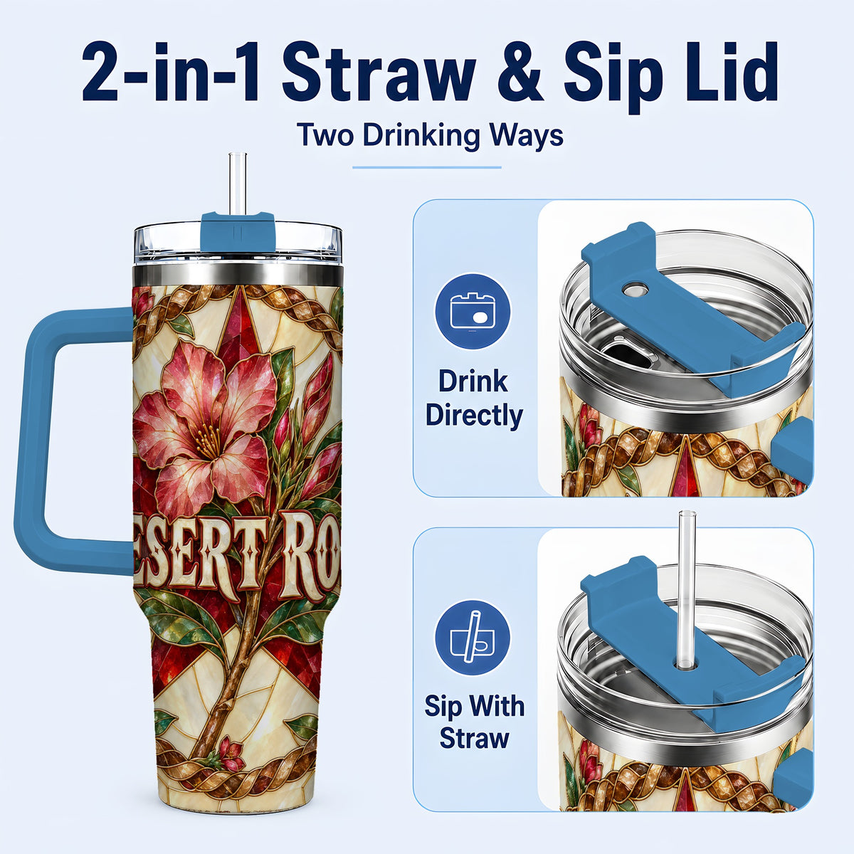 #pl[40oz|Blue] Western Floral Star 40oz Tumbler with Handle, Rose Stainless Steel Cup