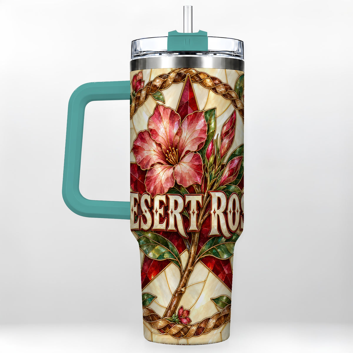 #pl[40oz|Green] Western Floral Star 40oz Tumbler with Handle, Rose Stainless Steel Cup