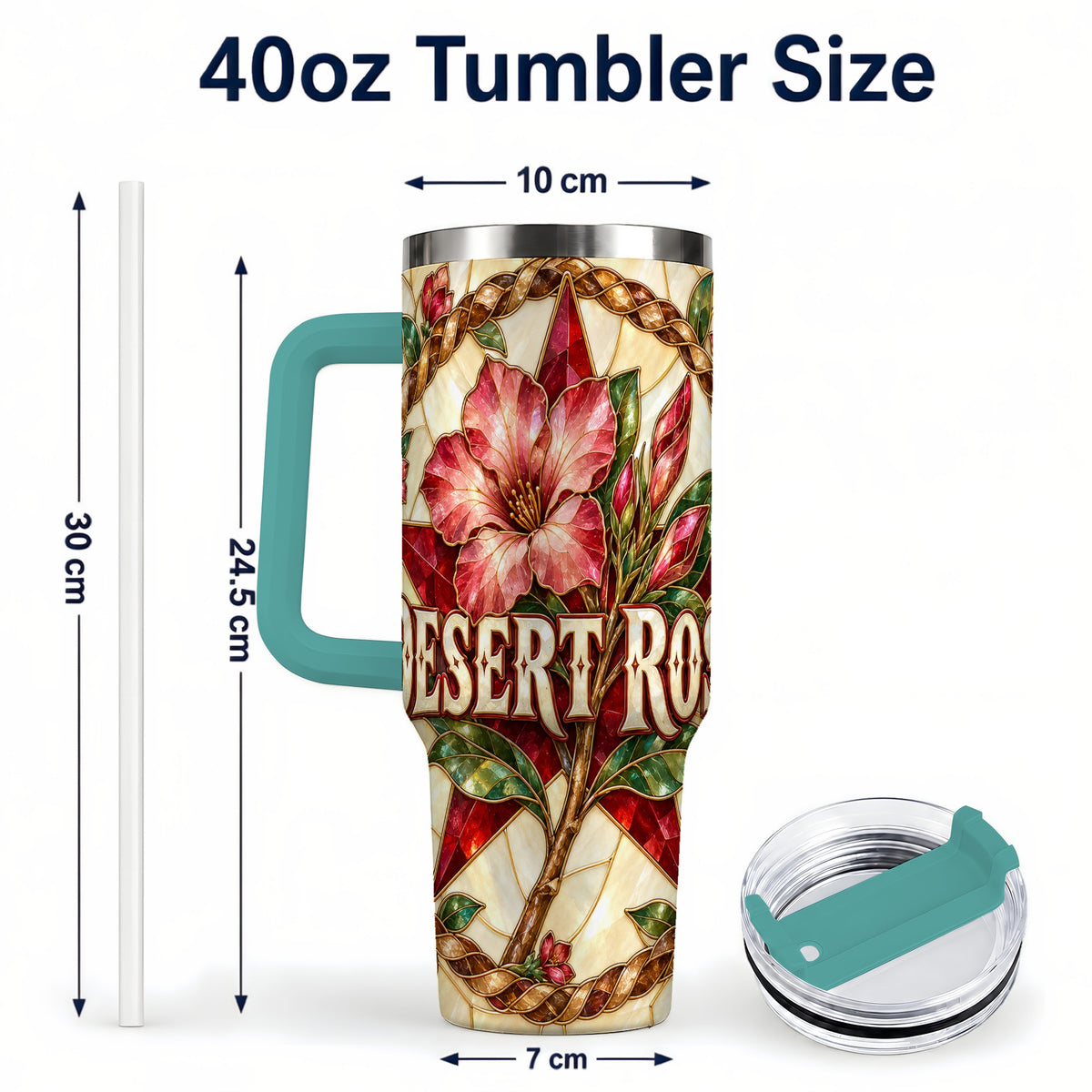 #pl[40oz|Green] Western Floral Star 40oz Tumbler with Handle, Rose Stainless Steel Cup