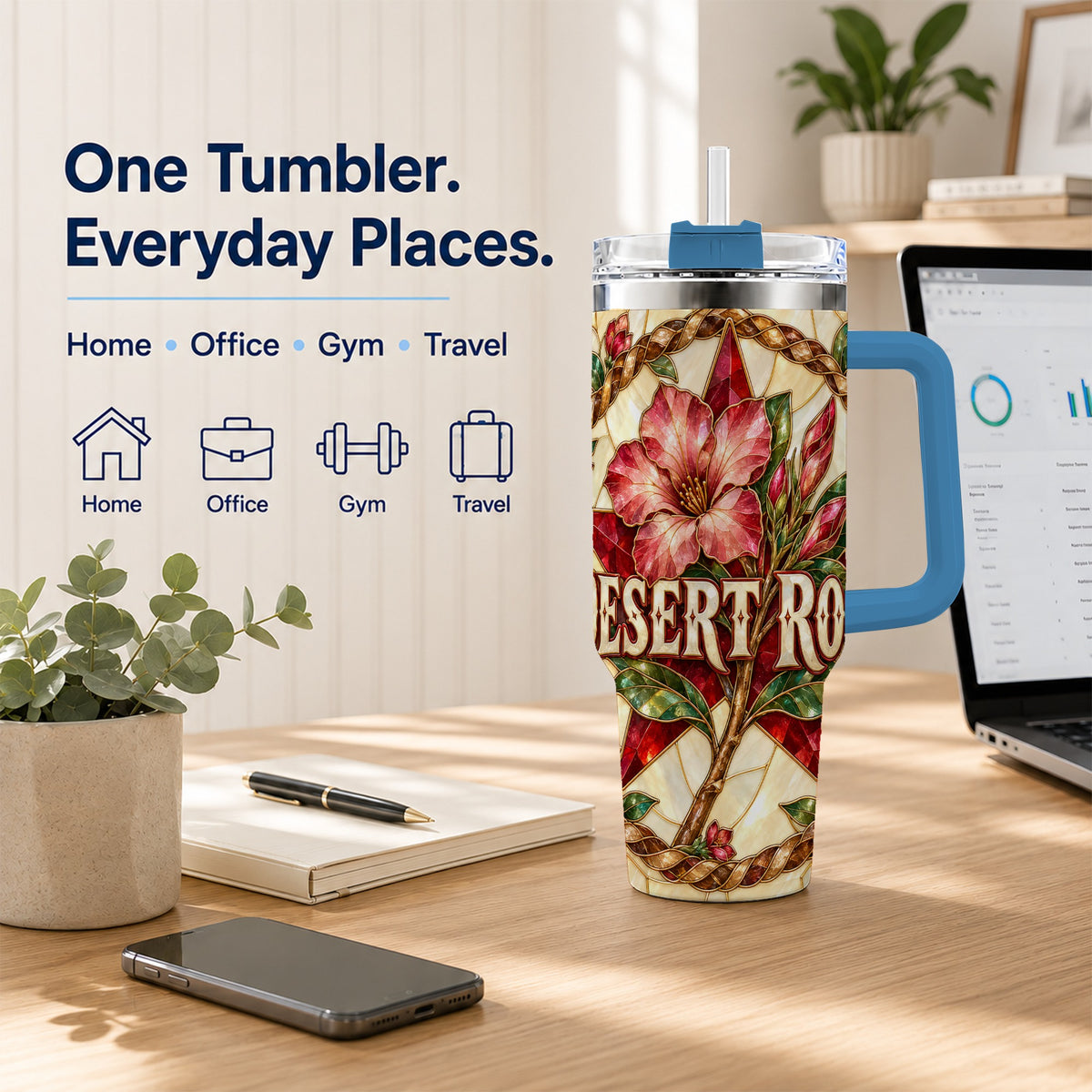 #pl[40oz|Blue] Western Floral Star 40oz Tumbler with Handle, Rose Stainless Steel Cup