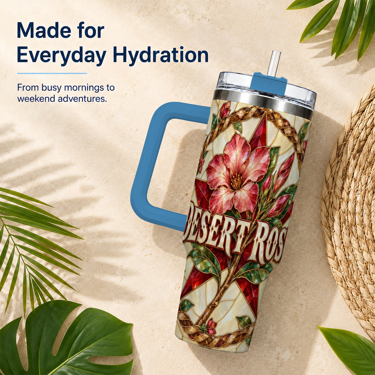 #pl[40oz|Blue] Western Floral Star 40oz Tumbler with Handle, Rose Stainless Steel Cup