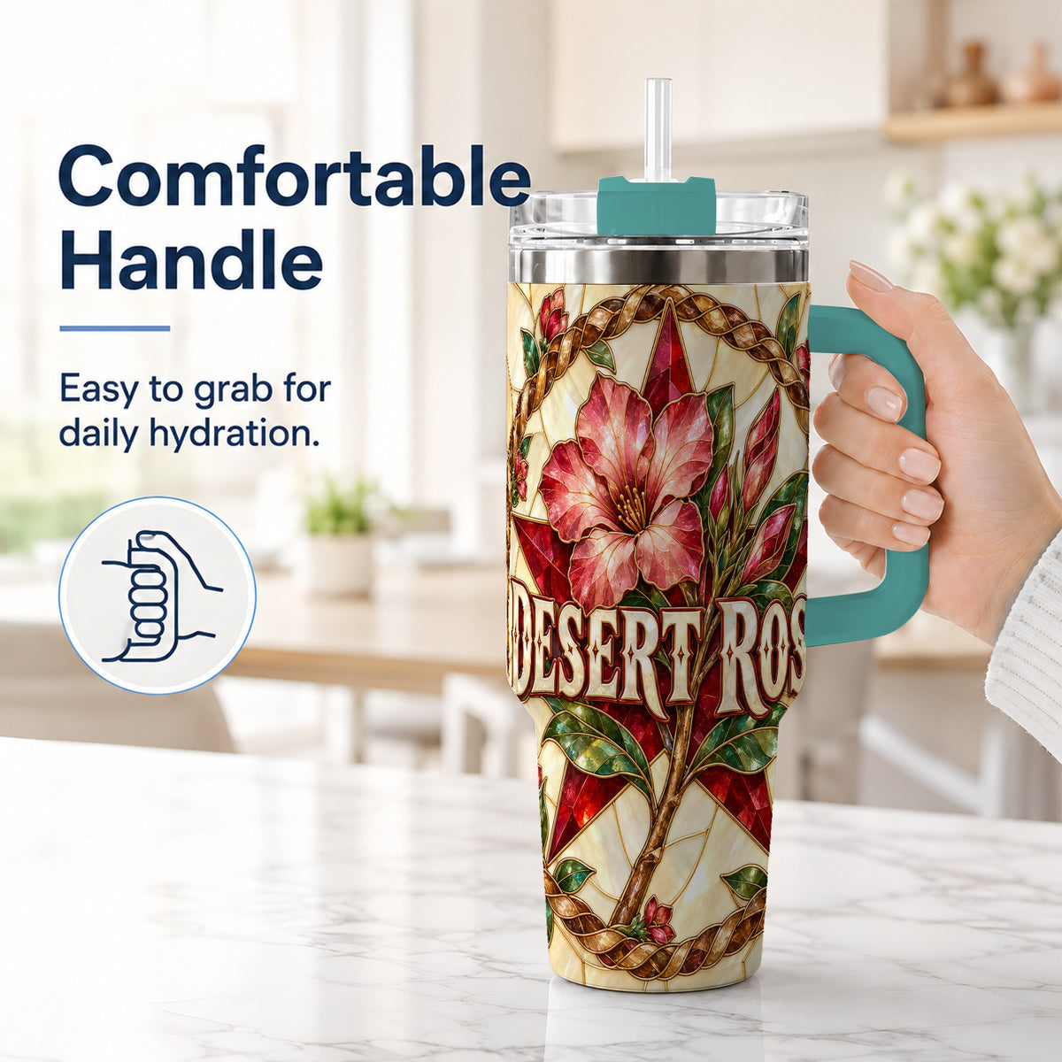 #pl[40oz|Green] Western Floral Star 40oz Tumbler with Handle, Rose Stainless Steel Cup