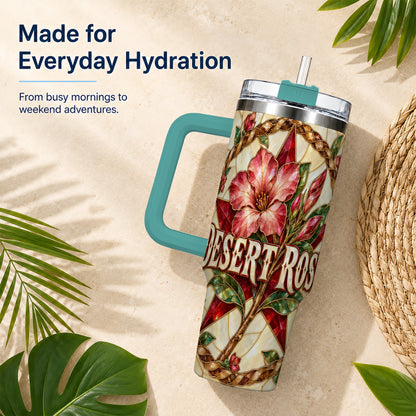 #pl[40oz|Green] Western Floral Star 40oz Tumbler with Handle, Rose Stainless Steel Cup