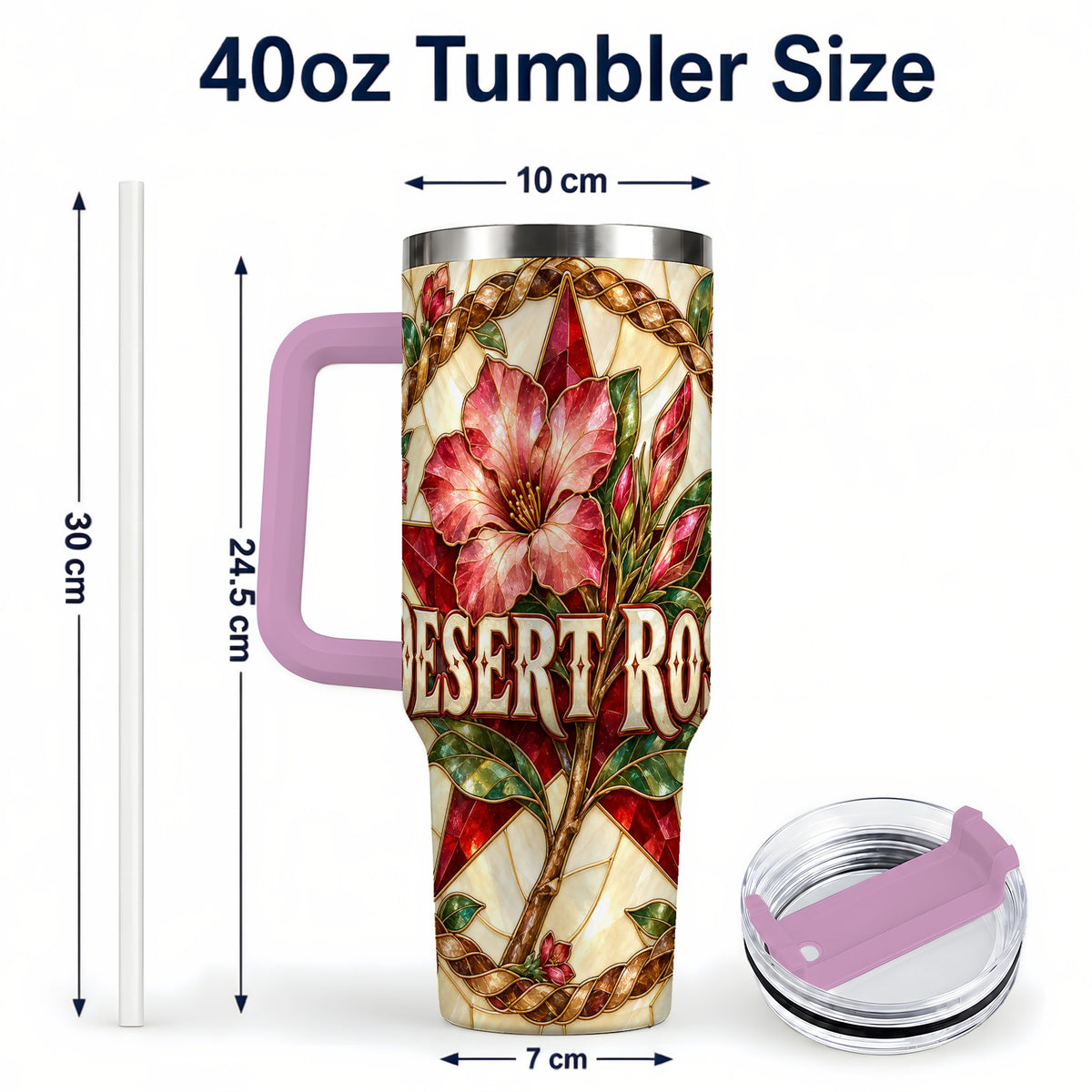 #pl[40oz|Pink] Western Floral Star 40oz Tumbler with Handle, Rose Stainless Steel Cup