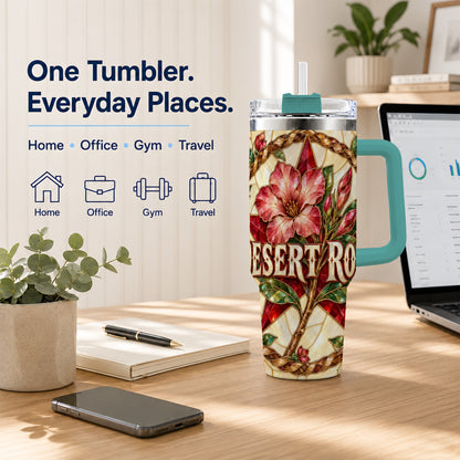 #pl[40oz|Green] Western Floral Star 40oz Tumbler with Handle, Rose Stainless Steel Cup