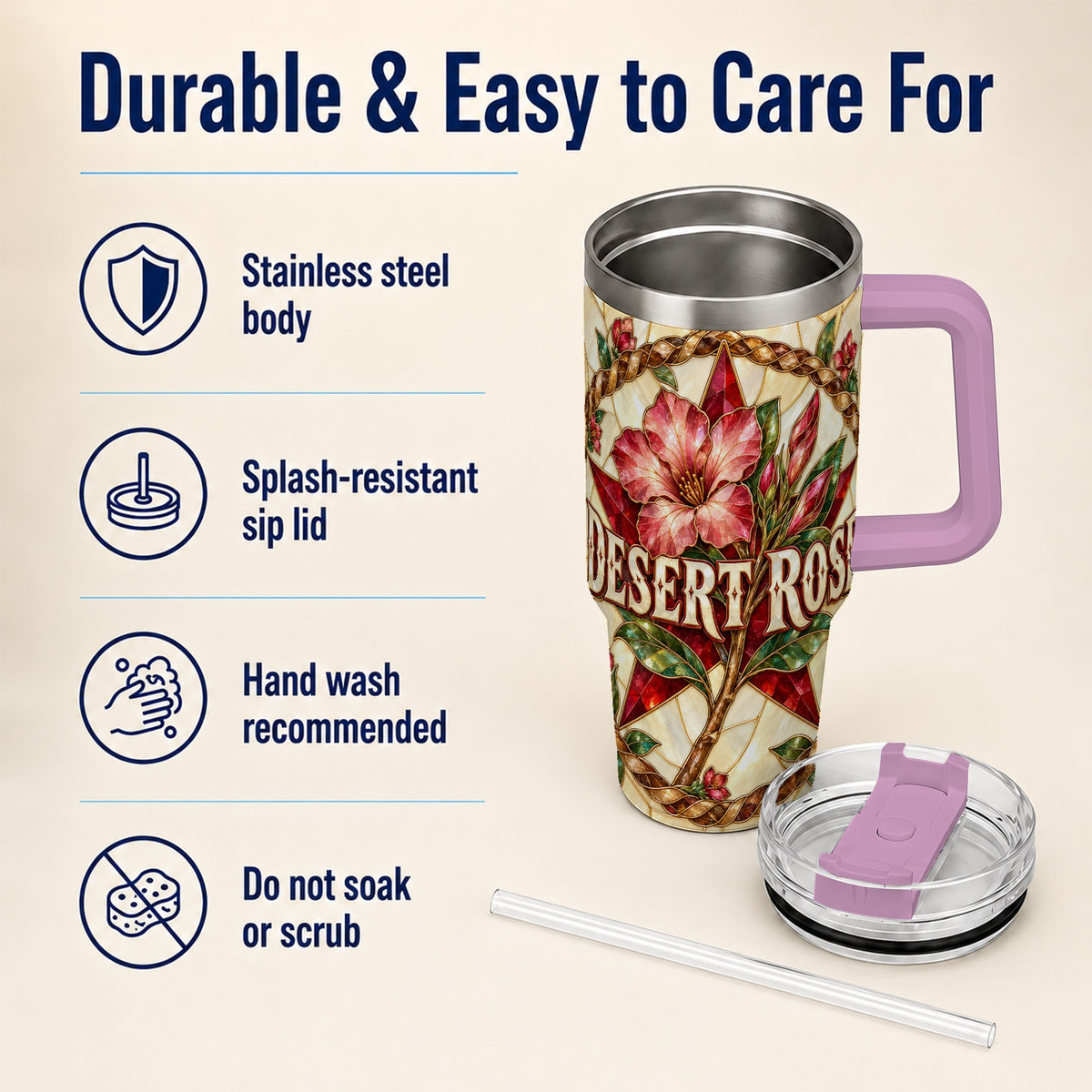 #pl[40oz|Pink] Western Floral Star 40oz Tumbler with Handle, Rose Stainless Steel Cup