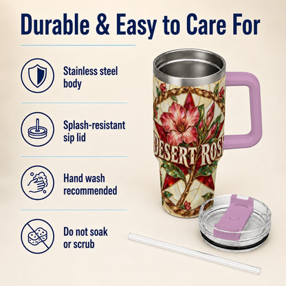 #pl[40oz|Pink] Western Floral Star 40oz Tumbler with Handle, Rose Stainless Steel Cup