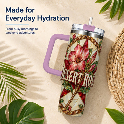 #pl[40oz|Pink] Western Floral Star 40oz Tumbler with Handle, Rose Stainless Steel Cup