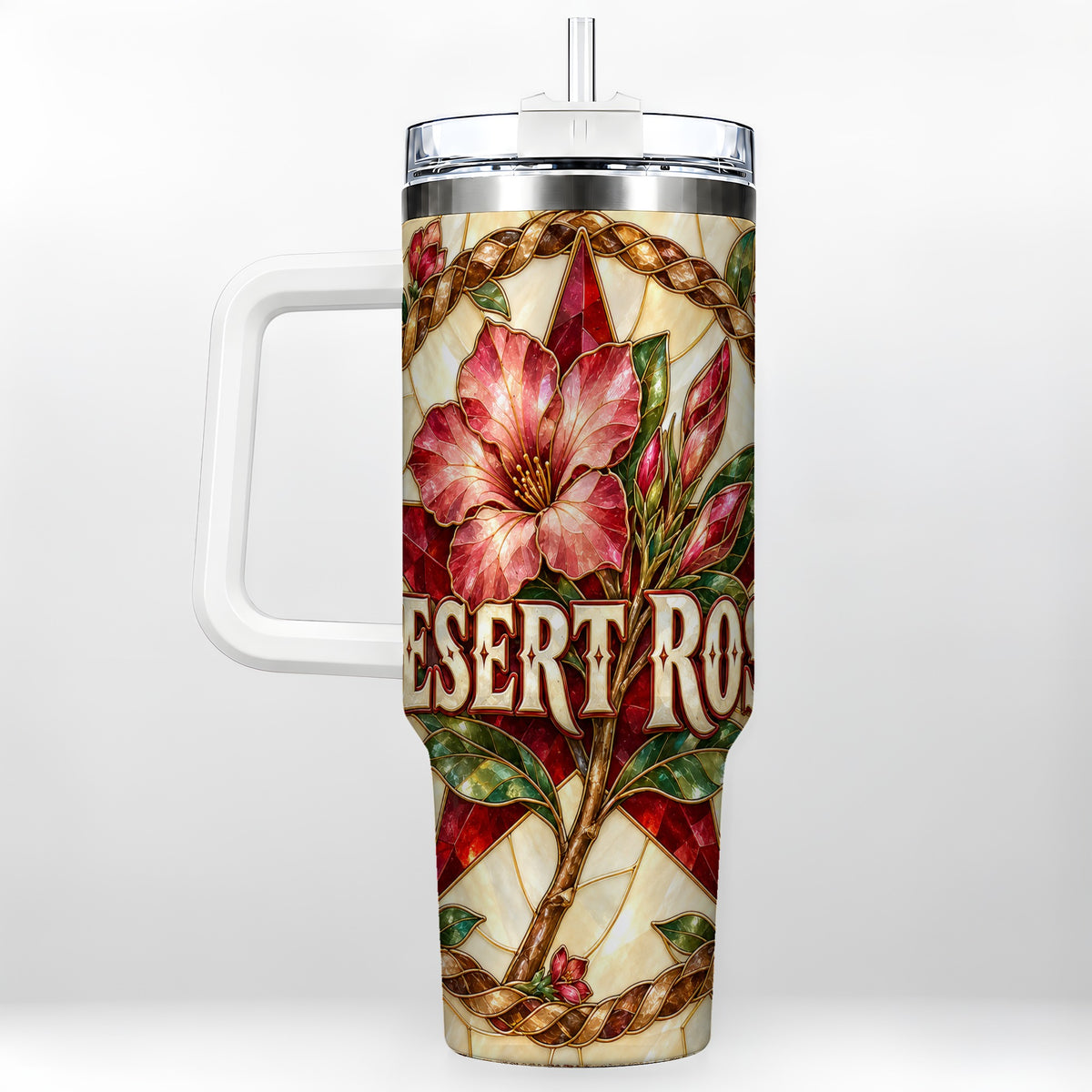 Western Floral Star 40oz Tumbler with Handle, Rose Stainless Steel Cup