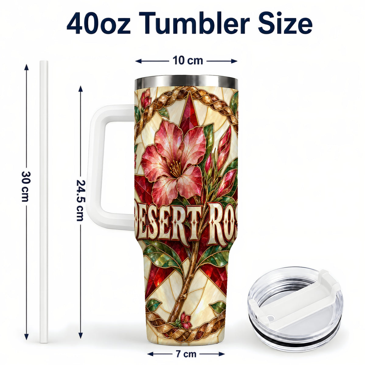 #pl[40oz|White] Western Floral Star 40oz Tumbler with Handle, Rose Stainless Steel Cup