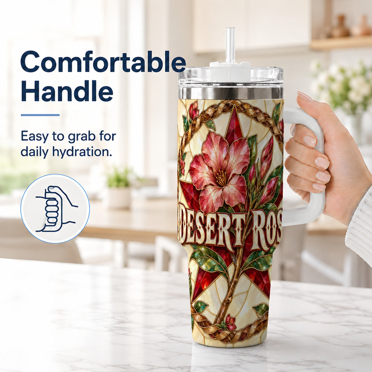 #pl[40oz|White] Western Floral Star 40oz Tumbler with Handle, Rose Stainless Steel Cup