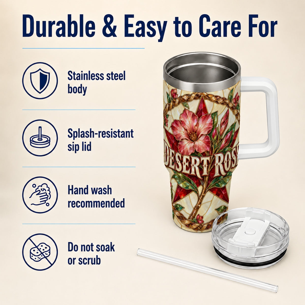 #pl[40oz|White] Western Floral Star 40oz Tumbler with Handle, Rose Stainless Steel Cup
