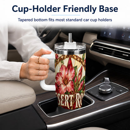 #pl[40oz|White] Western Floral Star 40oz Tumbler with Handle, Rose Stainless Steel Cup