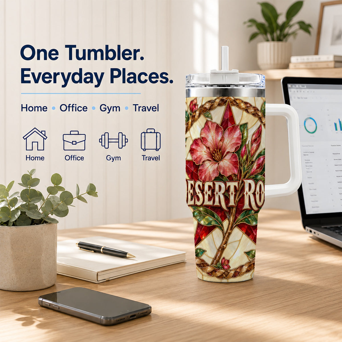#pl[40oz|White] Western Floral Star 40oz Tumbler with Handle, Rose Stainless Steel Cup