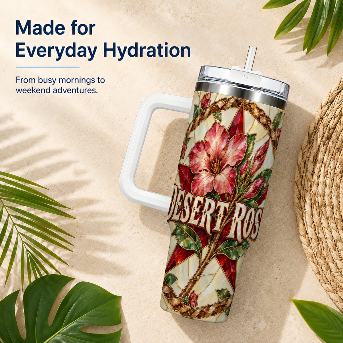 #pl[40oz|White] Western Floral Star 40oz Tumbler with Handle, Rose Stainless Steel Cup