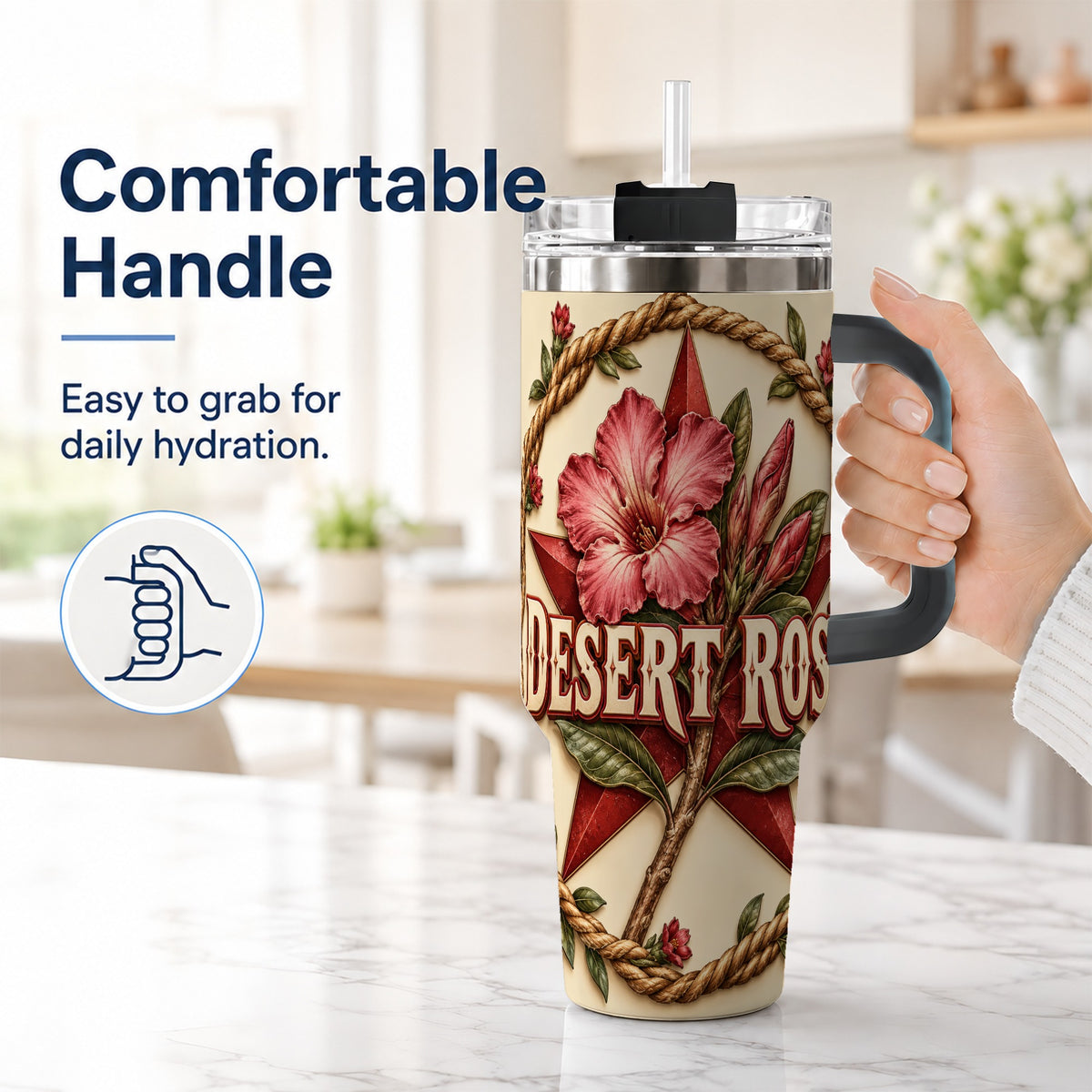#pl[40oz|Black] Rustic Floral Star 40oz Tumbler with Handle, Rose Stainless Steel Cup