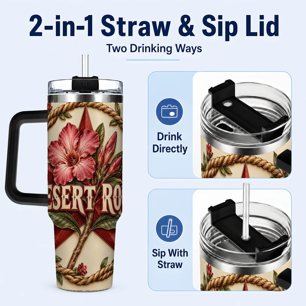 #pl[40oz|Black] Rustic Floral Star 40oz Tumbler with Handle, Rose Stainless Steel Cup
