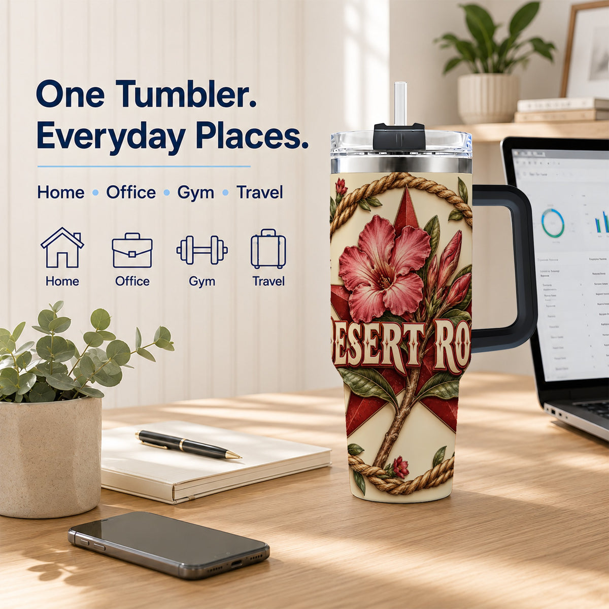#pl[40oz|Black] Rustic Floral Star 40oz Tumbler with Handle, Rose Stainless Steel Cup