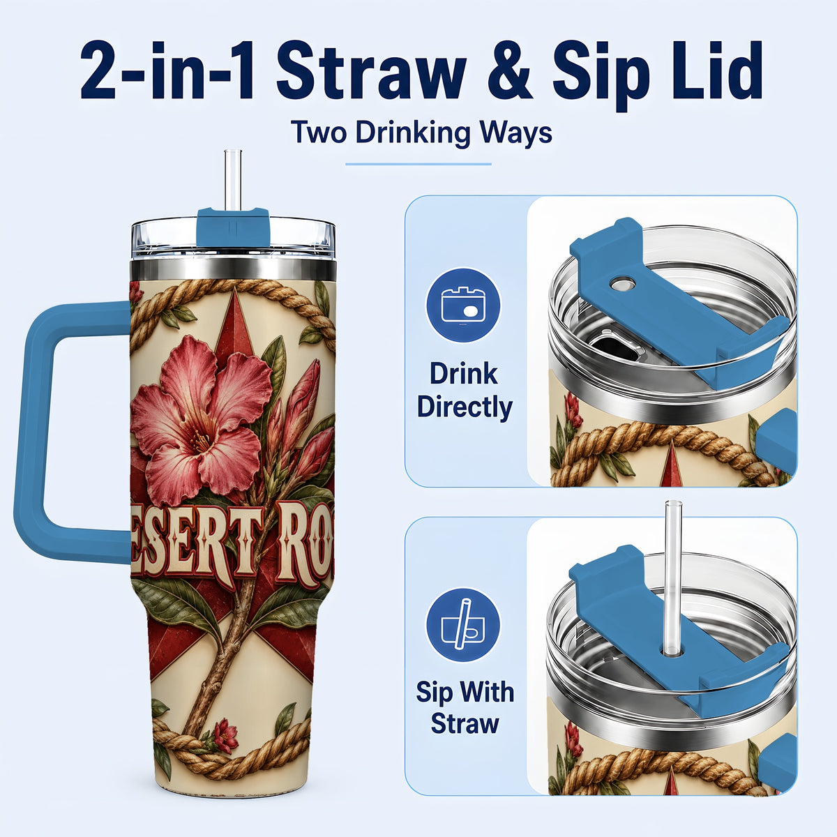 #pl[40oz|Blue] Rustic Floral Star 40oz Tumbler with Handle, Rose Stainless Steel Cup
