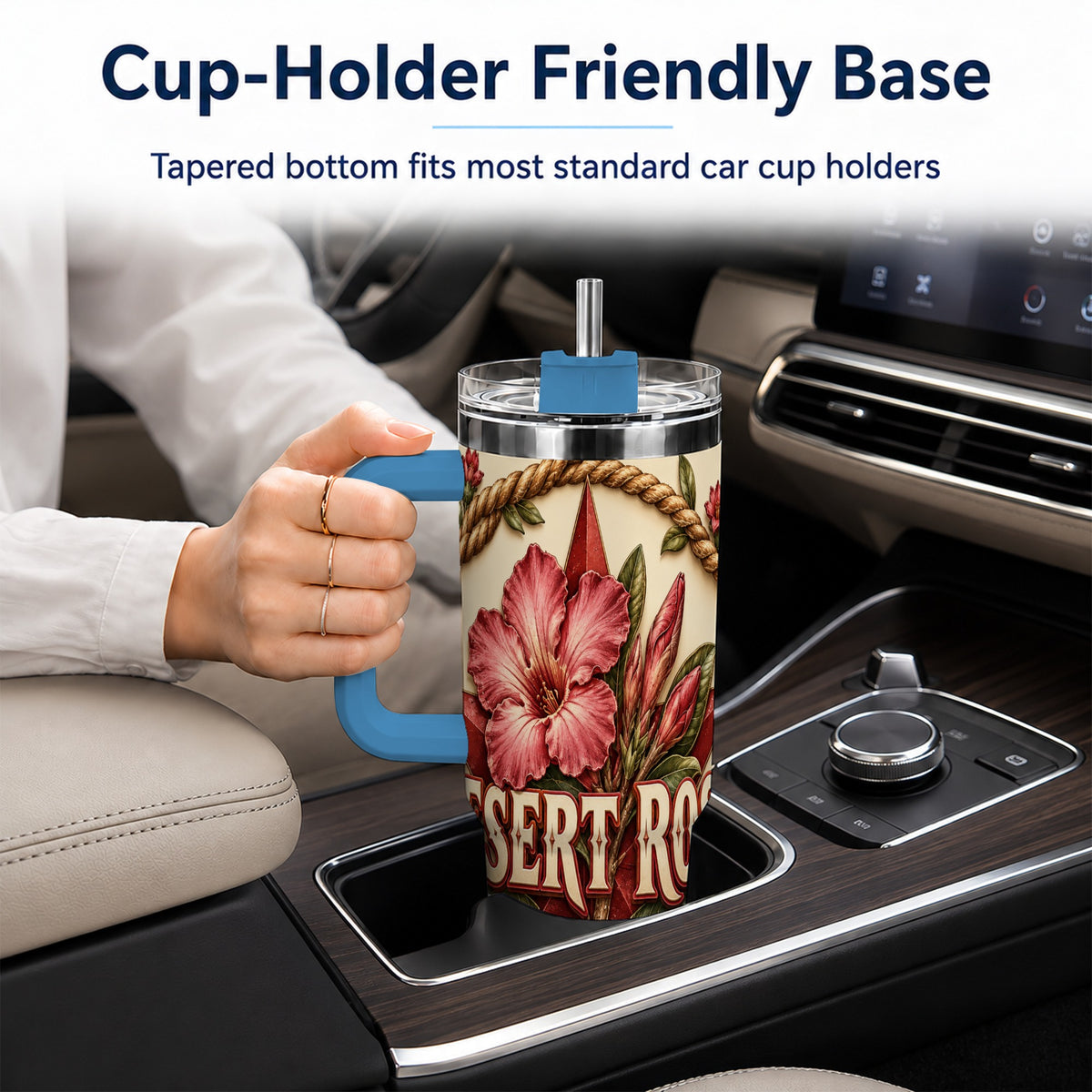 #pl[40oz|Blue] Rustic Floral Star 40oz Tumbler with Handle, Rose Stainless Steel Cup