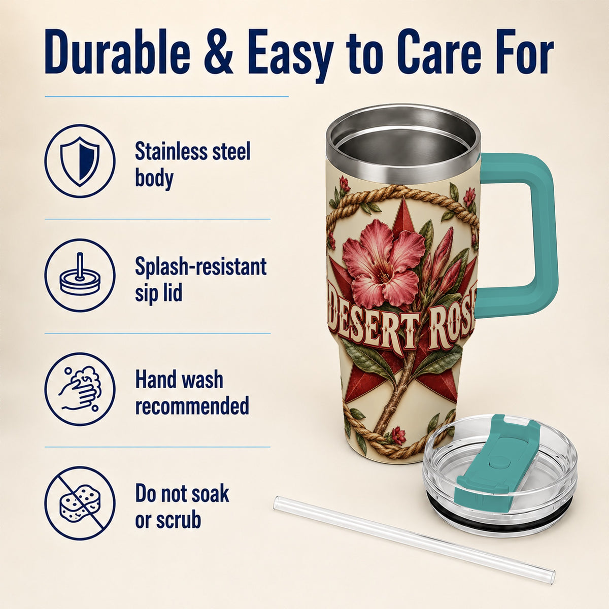 #pl[40oz|Green] Rustic Floral Star 40oz Tumbler with Handle, Rose Stainless Steel Cup