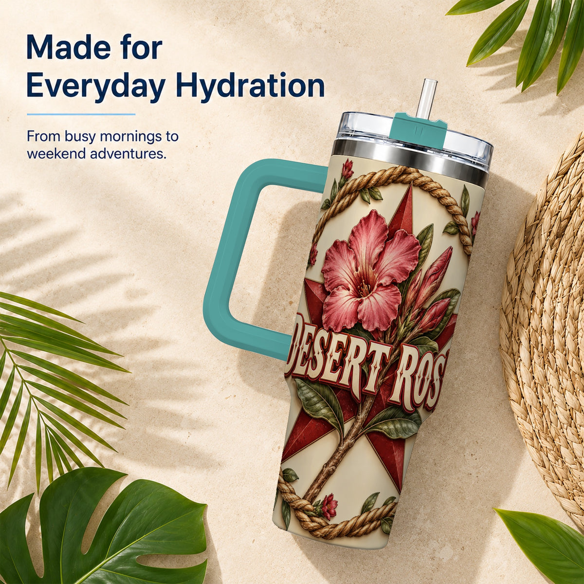 #pl[40oz|Green] Rustic Floral Star 40oz Tumbler with Handle, Rose Stainless Steel Cup