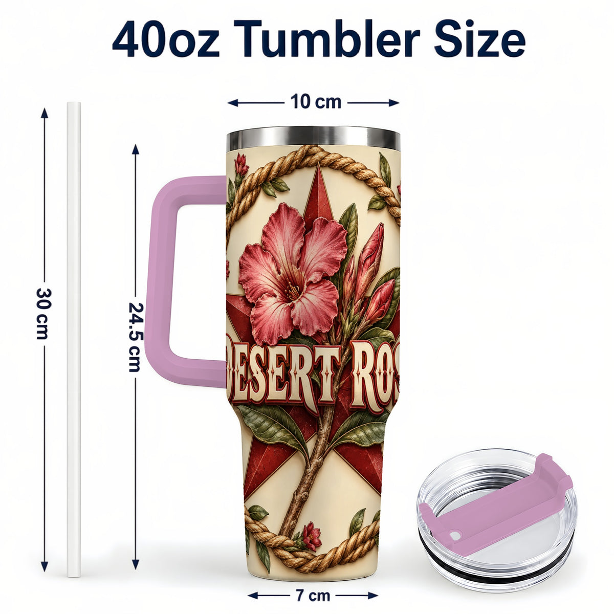 #pl[40oz|Pink] Rustic Floral Star 40oz Tumbler with Handle, Rose Stainless Steel Cup