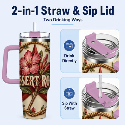 #pl[40oz|Pink] Rustic Floral Star 40oz Tumbler with Handle, Rose Stainless Steel Cup