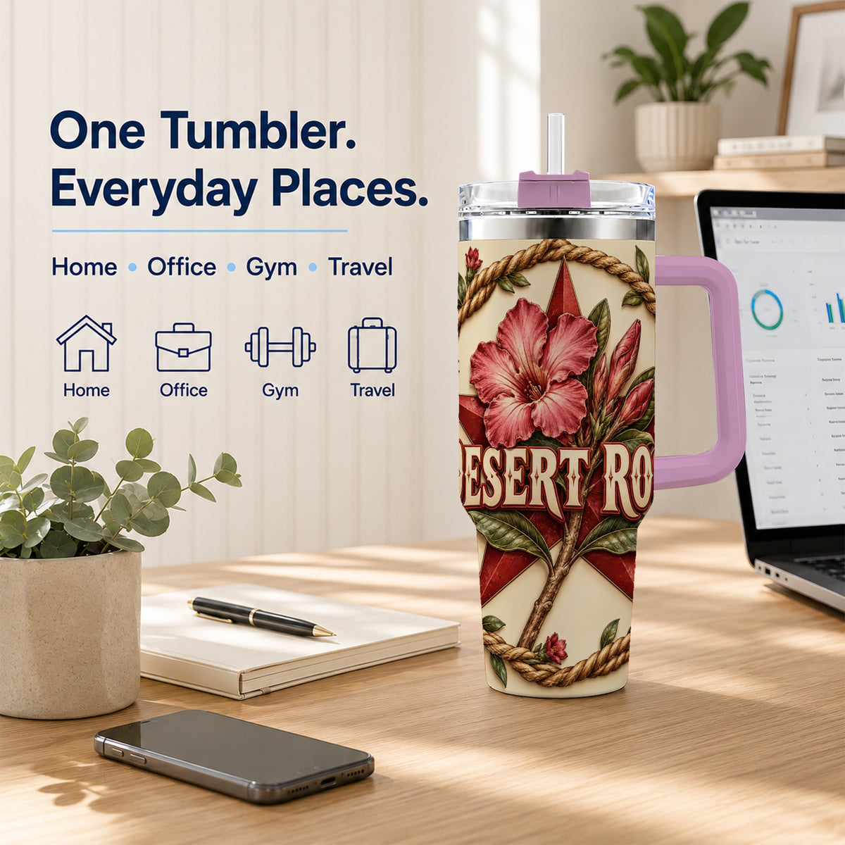 #pl[40oz|Pink] Rustic Floral Star 40oz Tumbler with Handle, Rose Stainless Steel Cup
