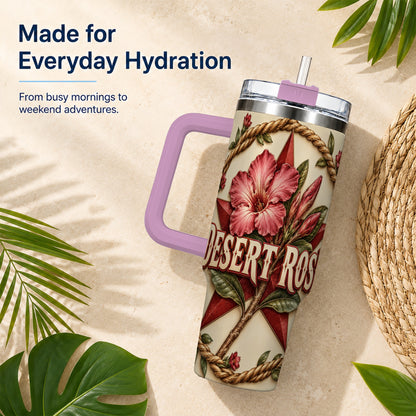 #pl[40oz|Pink] Rustic Floral Star 40oz Tumbler with Handle, Rose Stainless Steel Cup