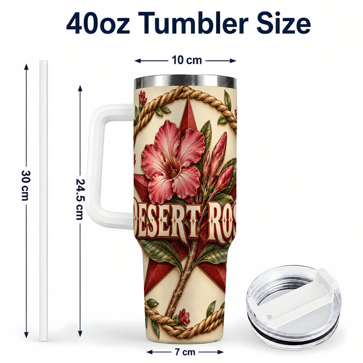 #pl[40oz|White] Rustic Floral Star 40oz Tumbler with Handle, Rose Stainless Steel Cup