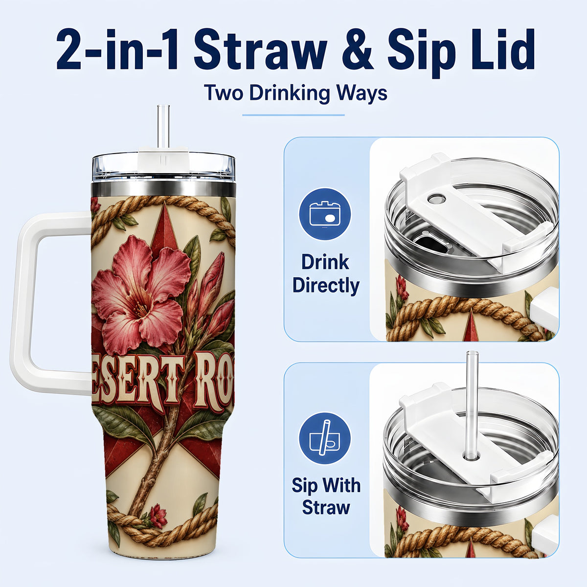#pl[40oz|White] Rustic Floral Star 40oz Tumbler with Handle, Rose Stainless Steel Cup