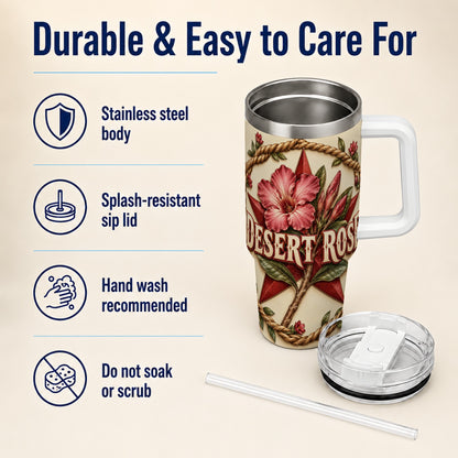 #pl[40oz|White] Rustic Floral Star 40oz Tumbler with Handle, Rose Stainless Steel Cup