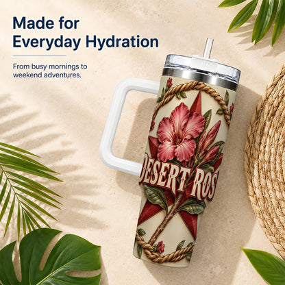 #pl[40oz|White] Rustic Floral Star 40oz Tumbler with Handle, Rose Stainless Steel Cup