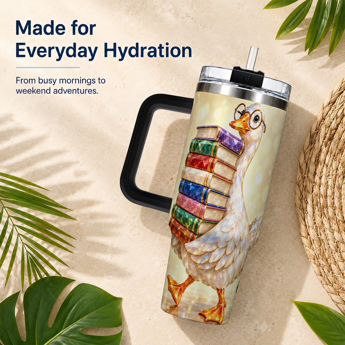 #pl[40oz|Black] Bookish Goose 40oz Tumbler with Handle, Reading Stainless Steel Cup