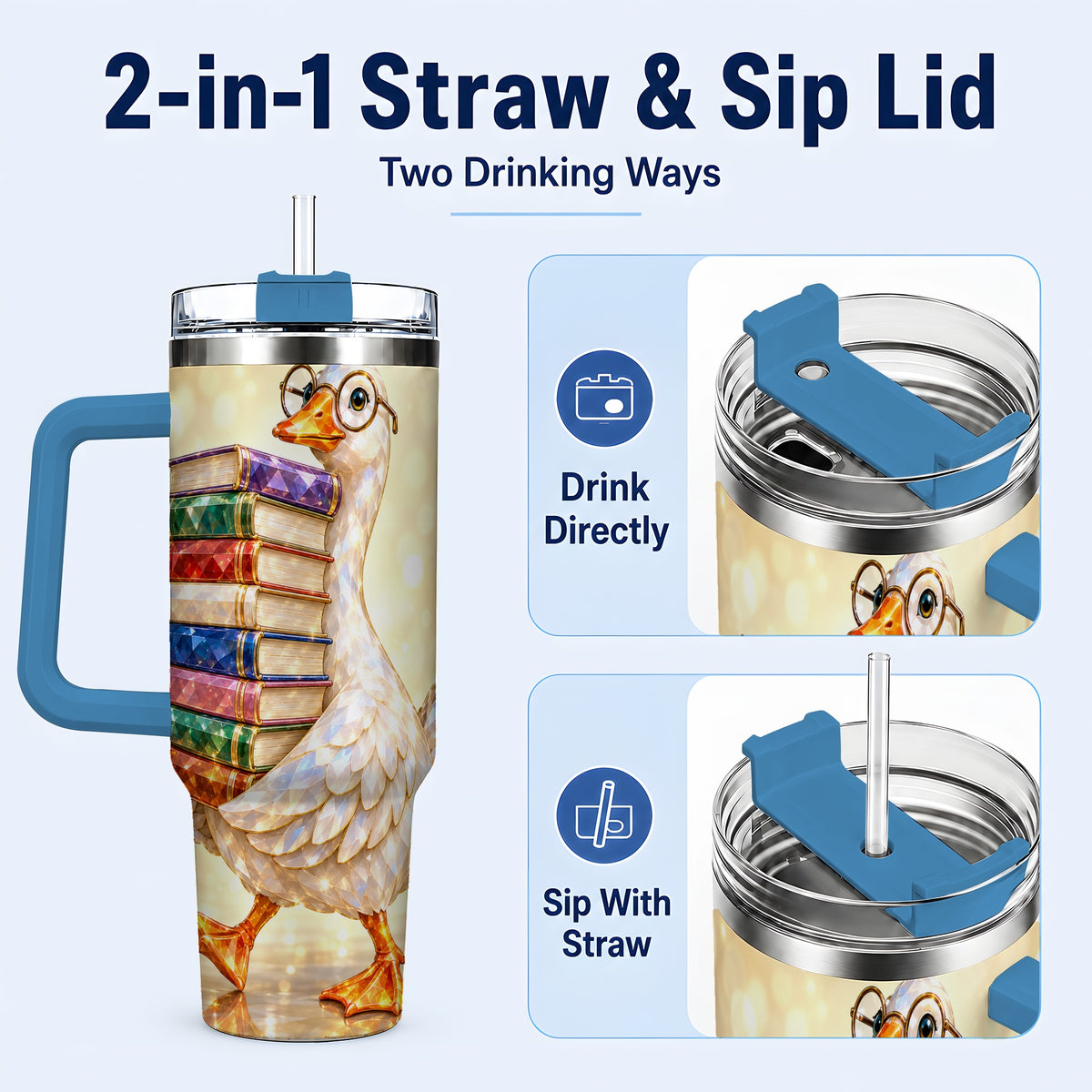 #pl[40oz|Blue] Bookish Goose 40oz Tumbler with Handle, Reading Stainless Steel Cup