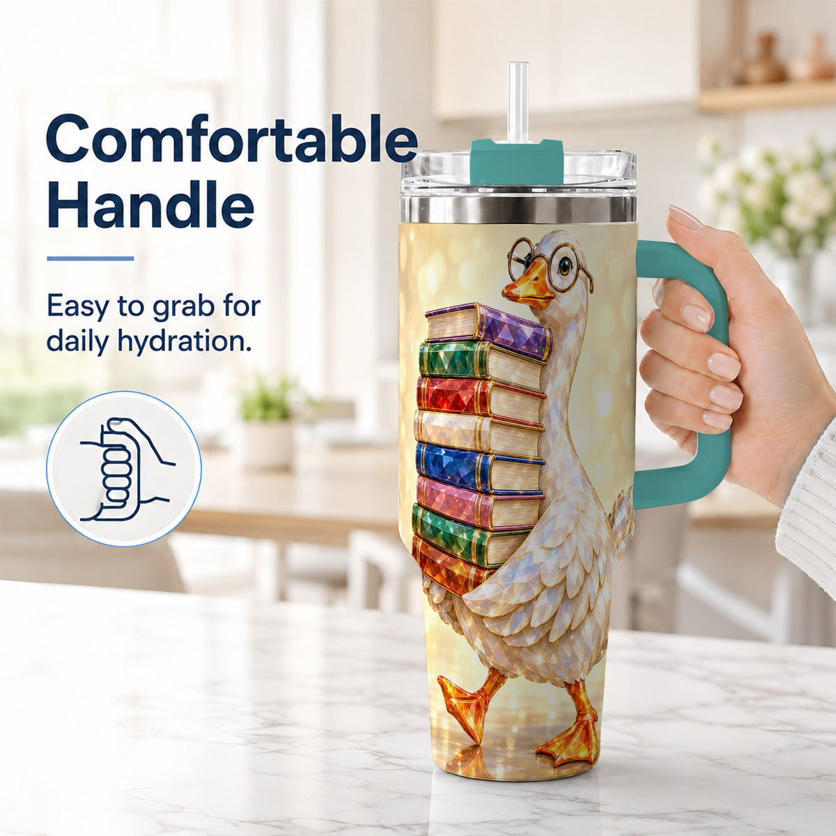 #pl[40oz|Green] Bookish Goose 40oz Tumbler with Handle, Reading Stainless Steel Cup