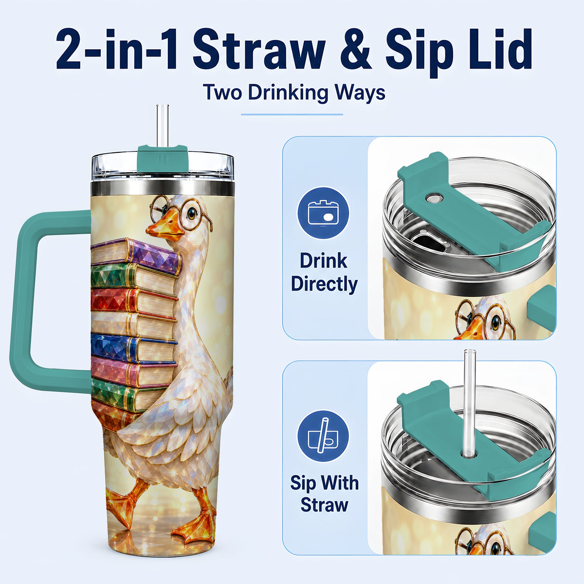 #pl[40oz|Green] Bookish Goose 40oz Tumbler with Handle, Reading Stainless Steel Cup