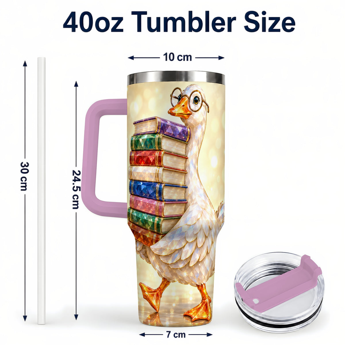#pl[40oz|Pink] Bookish Goose 40oz Tumbler with Handle, Reading Stainless Steel Cup