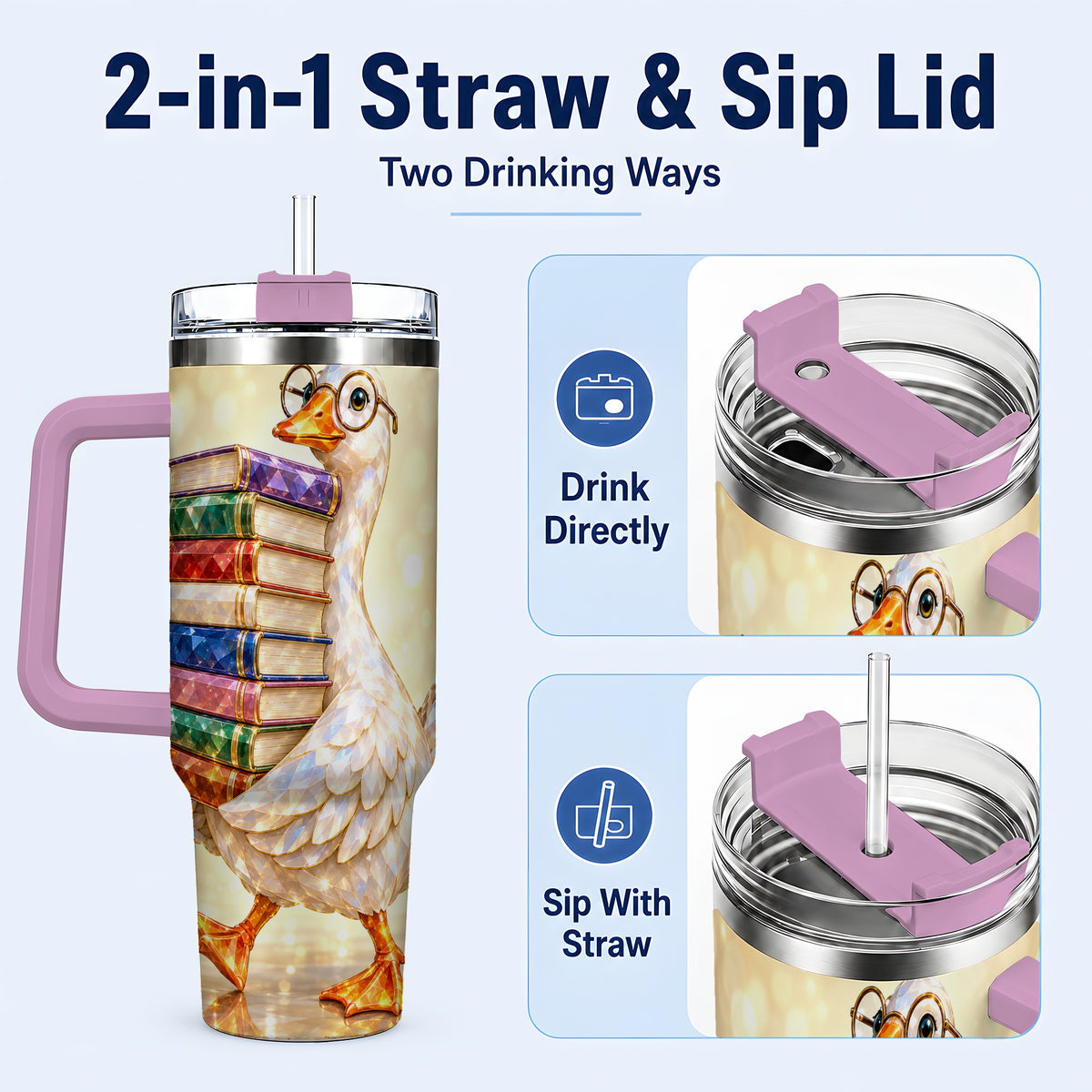 #pl[40oz|Pink] Bookish Goose 40oz Tumbler with Handle, Reading Stainless Steel Cup