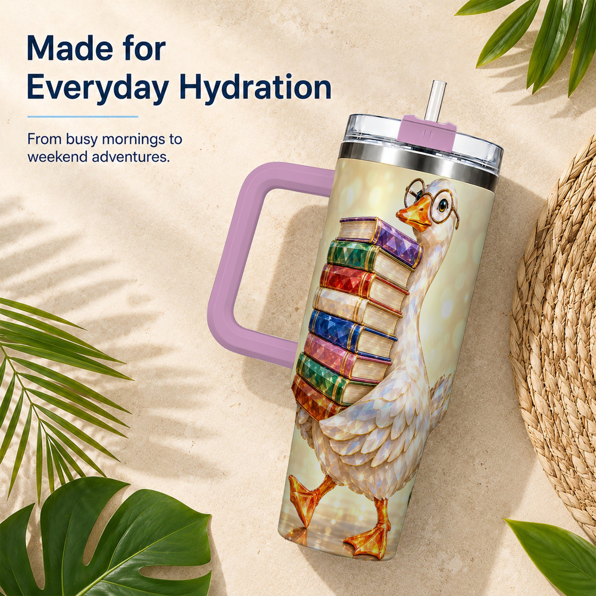 #pl[40oz|Pink] Bookish Goose 40oz Tumbler with Handle, Reading Stainless Steel Cup